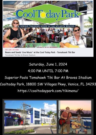Saturday, June 1, 2024 4;00 PM UNTIL 7:00 PM Superior Pools Tomahawk Tiki Bar At Braves Stadium Cooltoday Park, 18800 SW Villages Pkwy, Venice, FL 34293 https://cooltodaypark.com/tikimenu/